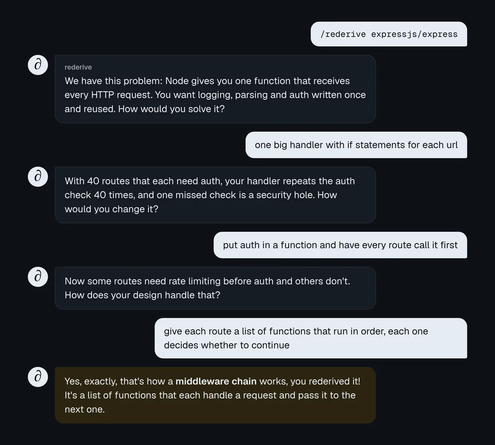 A rederive session on Express: it asks how you would send every HTTP request through one function, adds constraints, and you end up describing a middleware chain
